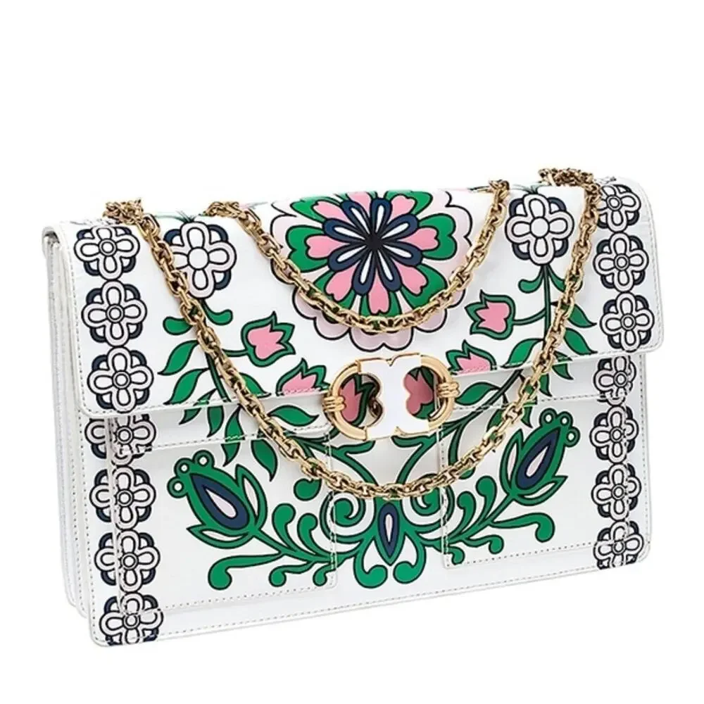 $625 Tory Burch White Garden Party Gemini Link Tri-Fold Leather Shoulder Bag